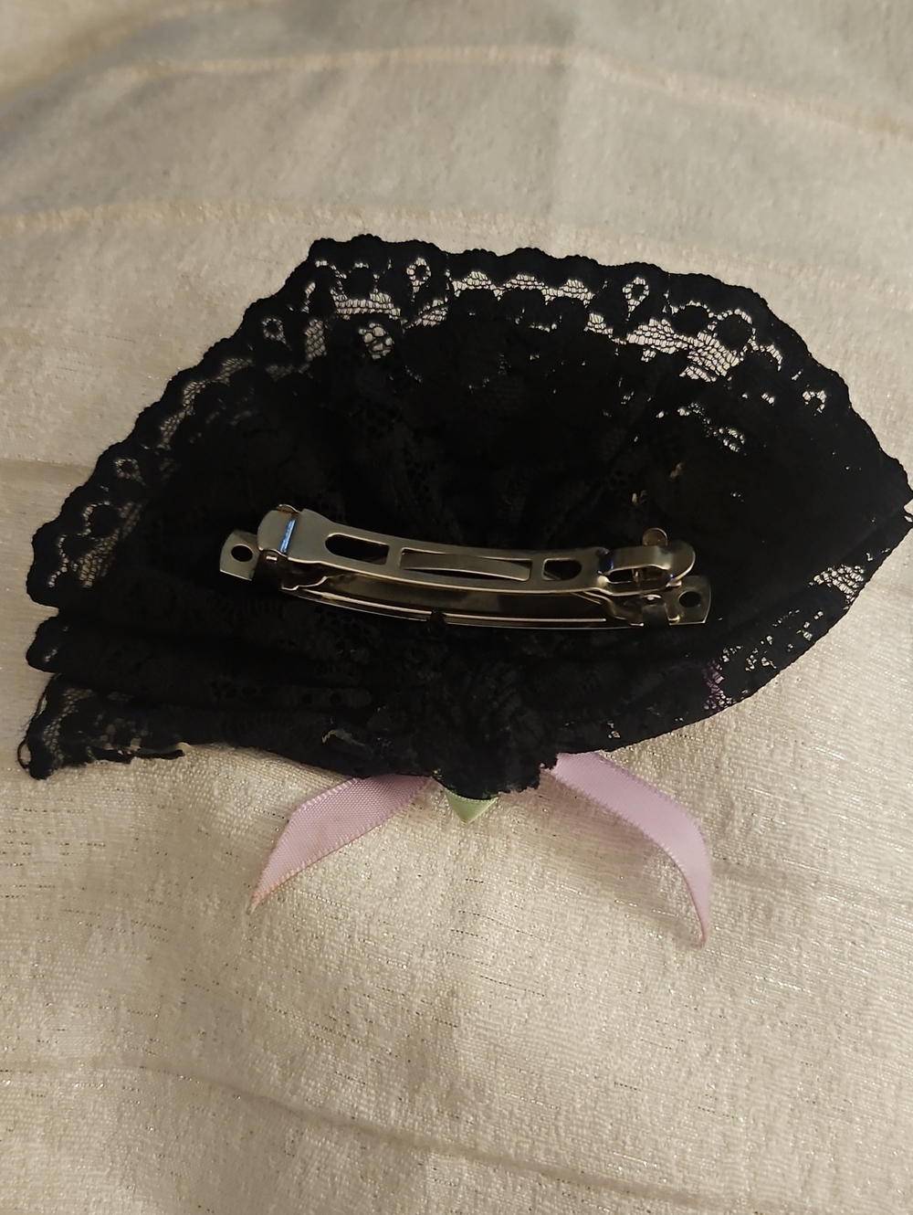 Vintage Fan Shape Black Lace Hair Barrette with Lavender Rose Accent - Picture 5 of 5